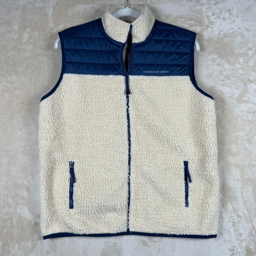 Vineyard Vines Boys XL 18 Sherpa Fleece Vest Navy Cream Quilted Colorblock Zip